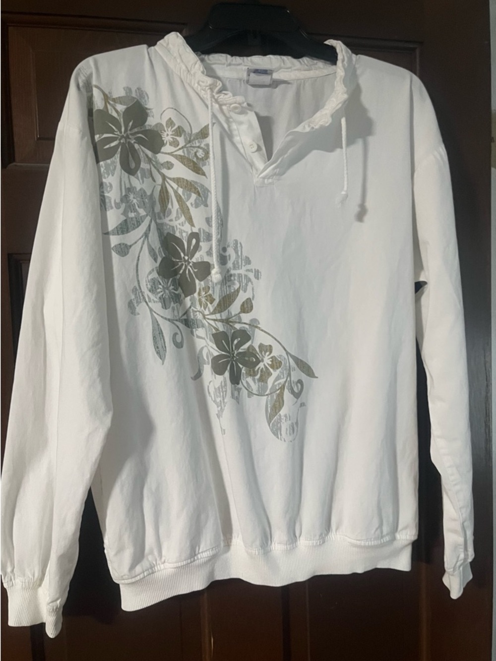 Women's White Crazy Shirts Hawaii’ Pullover with Olive Floral Print
